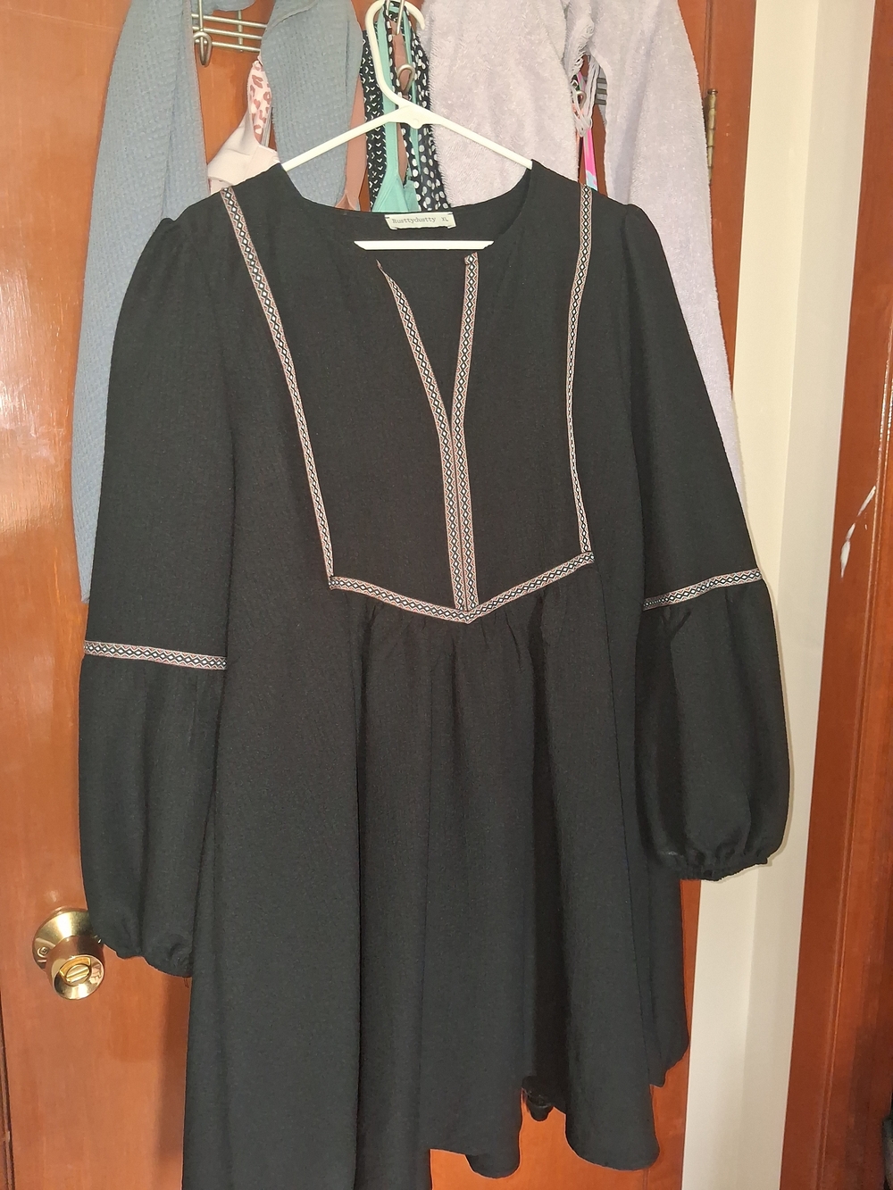 Black Long-Sleeve Embroidered Yoke Tunic Dress